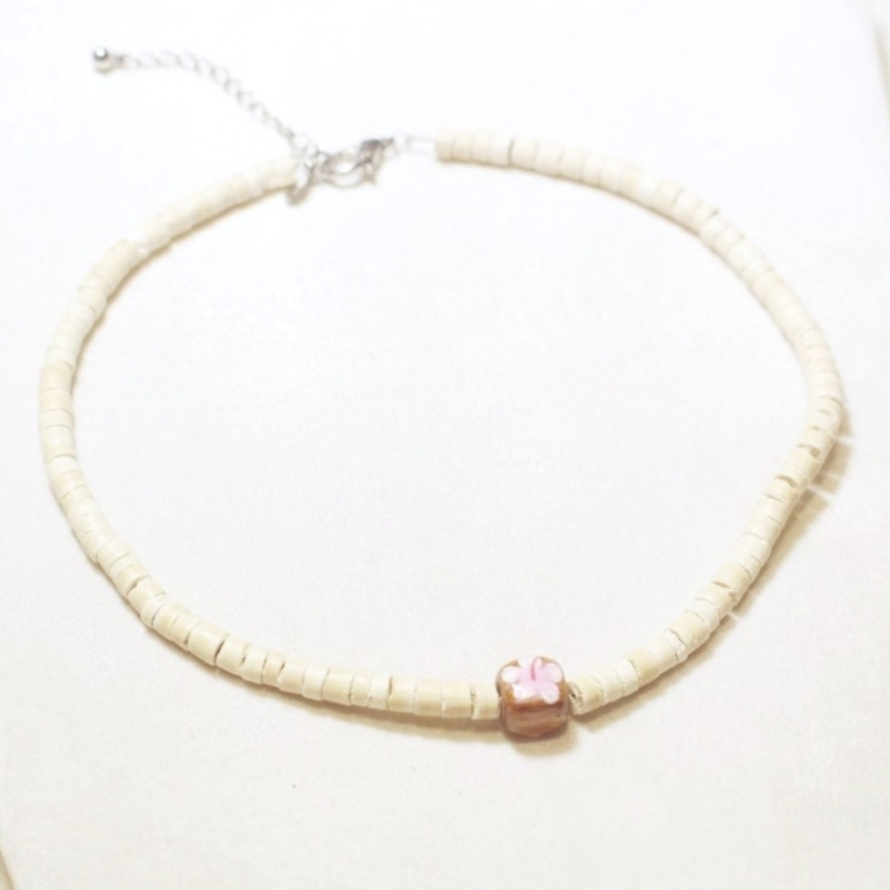y2k Light Wood Handpainted Hawaiian Floral Cube Center Indie Natural Choker Neck